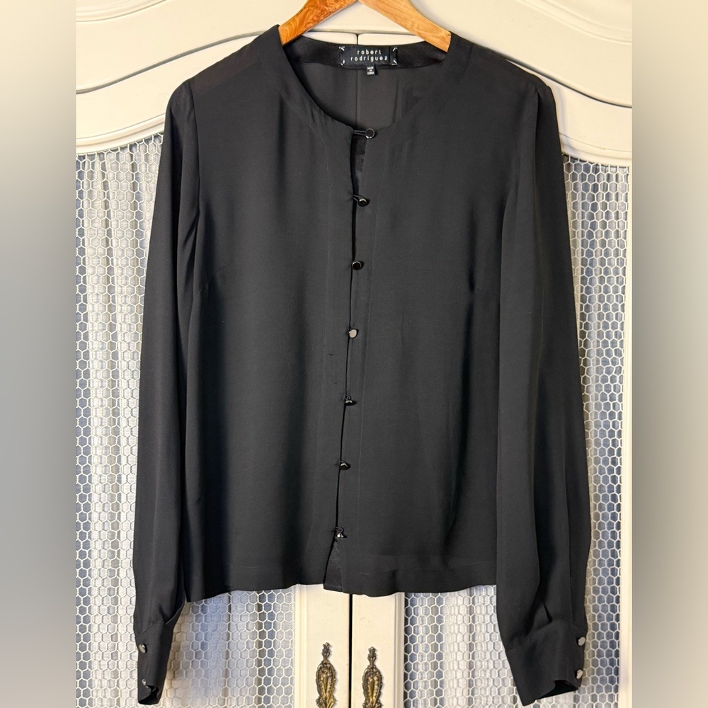 Elegant Robert Rodriguez Black Button-Up Sheer 100% Silk Blouse Women’s Size 10
